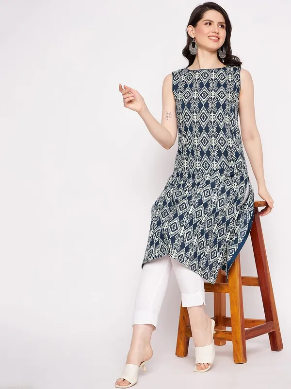 Inidgo_Cotton_Sleeveless_Kurta_Readymade_Outfit_Cotton_Kurti_For_Women_Dress_For_Ladies_Printed_1_Pcs