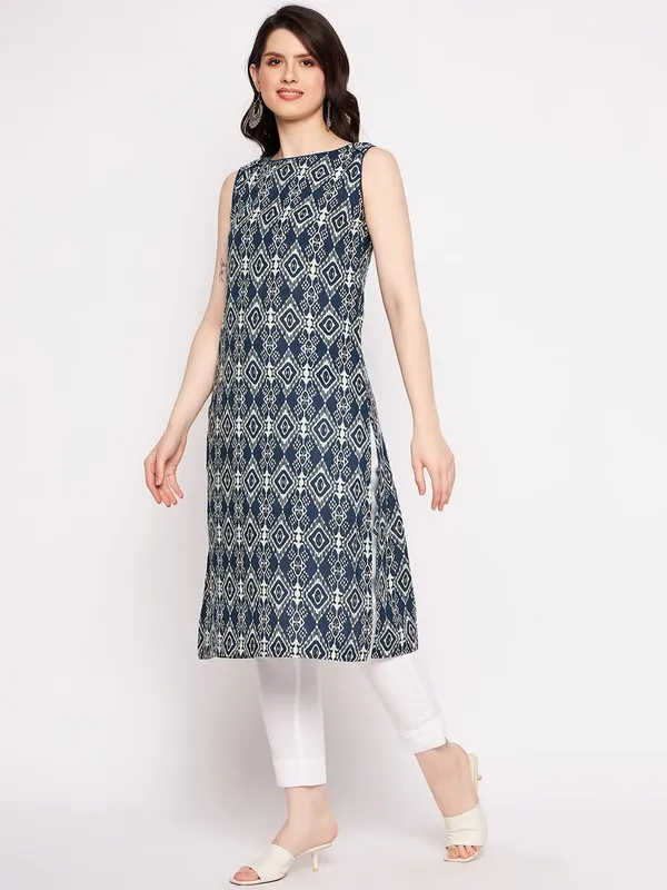 Inidgo_Cotton_Sleeveless_Kurta_Readymade_Outfit_Cotton_Kurti_For_Women_Dress_For_Ladies_Printed_1_Pcs