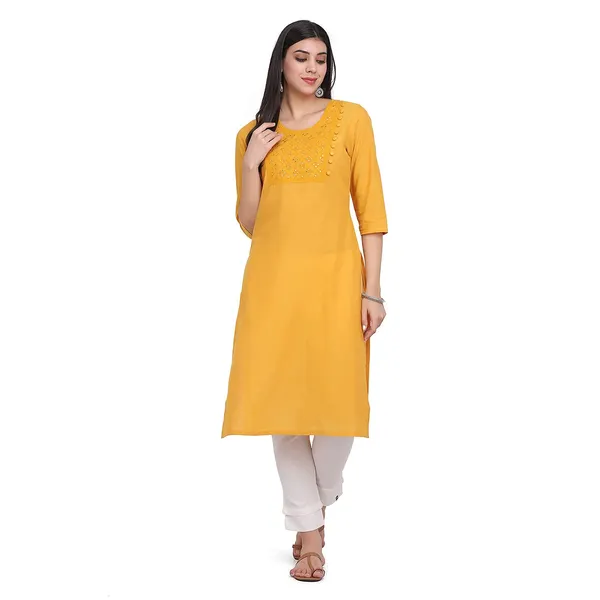 Marigold_Yellow_Cotton_Embroidered_Straight_Kurta_With_Pant_Readymade_Cotton_Kurti_For_Women_Dress_For_Ladies/Girls_Mirror_Work_Emb._2_Pcs