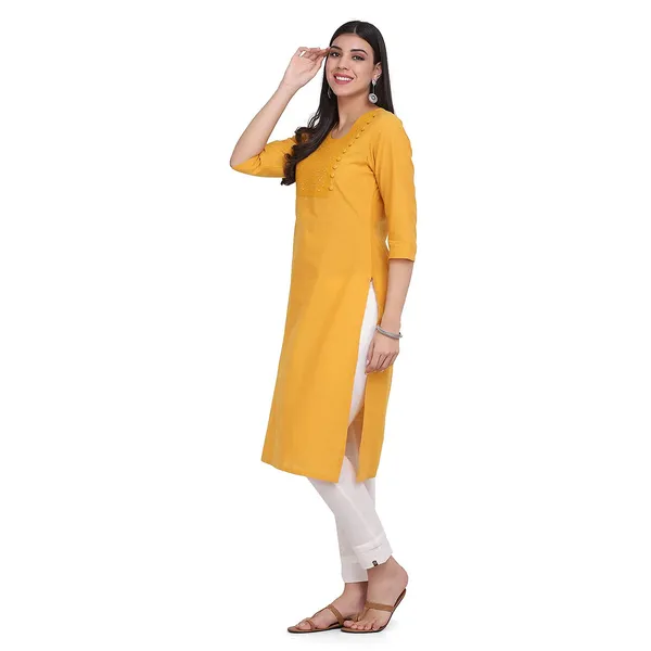 Marigold_Yellow_Cotton_Embroidered_Straight_Kurta_With_Pant_Readymade_Cotton_Kurti_For_Women_Dress_For_Ladies/Girls_Mirror_Work_Emb._2_Pcs