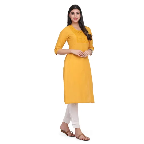 Marigold_Yellow_Cotton_Embroidered_Straight_Kurta_With_Pant_Readymade_Cotton_Kurti_For_Women_Dress_For_Ladies/Girls_Mirror_Work_Emb._2_Pcs
