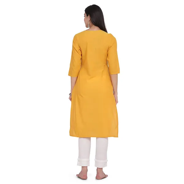 Marigold_Yellow_Cotton_Embroidered_Straight_Kurta_With_Pant_Readymade_Cotton_Kurti_For_Women_Dress_For_Ladies/Girls_Mirror_Work_Emb._2_Pcs