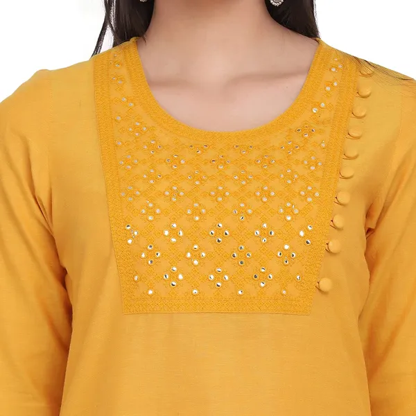 Marigold_Yellow_Cotton_Embroidered_Straight_Kurta_With_Pant_Readymade_Cotton_Kurti_For_Women_Dress_For_Ladies/Girls_Mirror_Work_Emb._2_Pcs