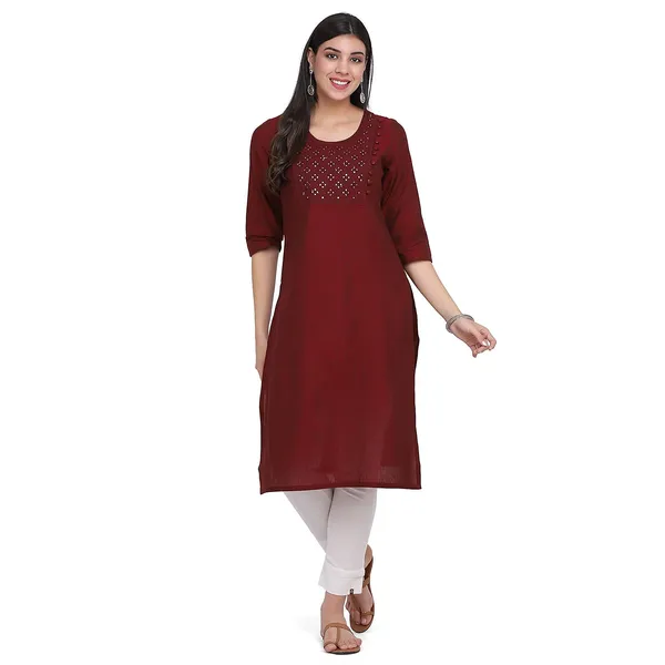 Maroon_Mangalgiri_Cotton__Embroidered_Straight_Kurta_With_Pant_Readymade_Cotton_Kurti_For_Women_Dress_For_Ladies/Girls_Mirror_Work_Emb._2_Pcs