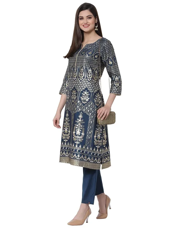 Teal_Kurti_Pant_Set_For_Women_Readymade_Straight_Salwar_Suit_Cotton_Silk_A-Line_Kurta__Printed_Kurta_With_Printed_Pants_2_Pcs_Set