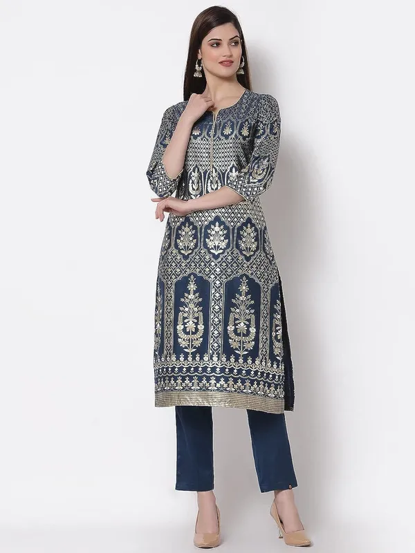 Teal_Kurti_Pant_Set_For_Women_Readymade_Straight_Salwar_Suit_Cotton_Silk_A-Line_Kurta__Printed_Kurta_With_Printed_Pants_2_Pcs_Set
