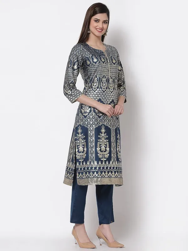 Teal_Kurti_Pant_Set_For_Women_Readymade_Straight_Salwar_Suit_Cotton_Silk_A-Line_Kurta__Printed_Kurta_With_Printed_Pants_2_Pcs_Set