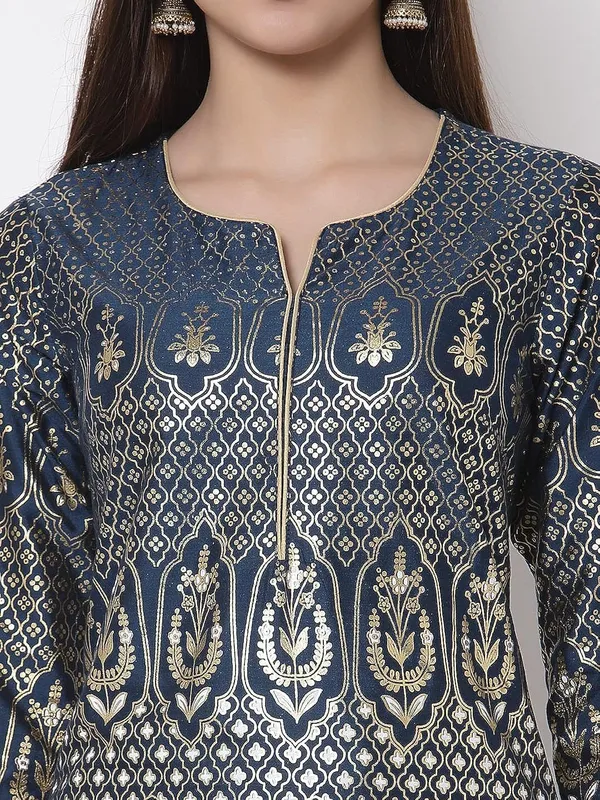 Teal_Kurti_Pant_Set_For_Women_Readymade_Straight_Salwar_Suit_Cotton_Silk_A-Line_Kurta__Printed_Kurta_With_Printed_Pants_2_Pcs_Set