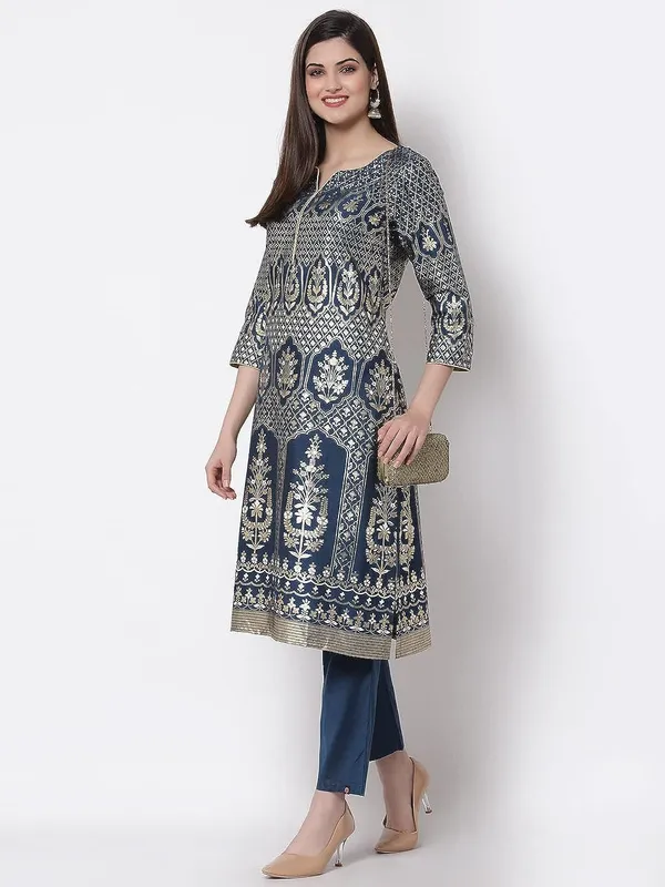 Teal_Kurti_Pant_Set_For_Women_Readymade_Straight_Salwar_Suit_Cotton_Silk_A-Line_Kurta__Printed_Kurta_With_Printed_Pants_2_Pcs_Set