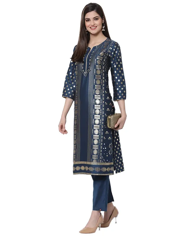Teal_Women'S_Cotton_A_Line_Kurti_Pant_Set