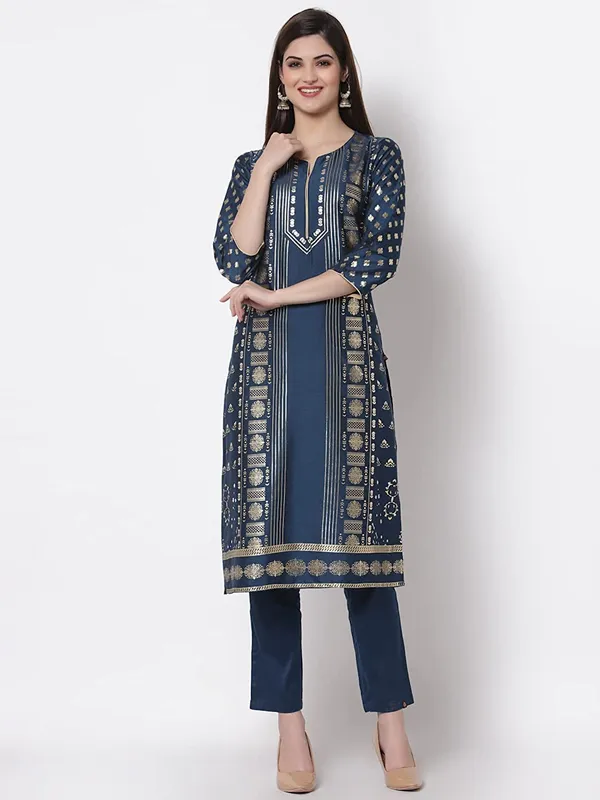 Teal_Women'S_Cotton_A_Line_Kurti_Pant_Set