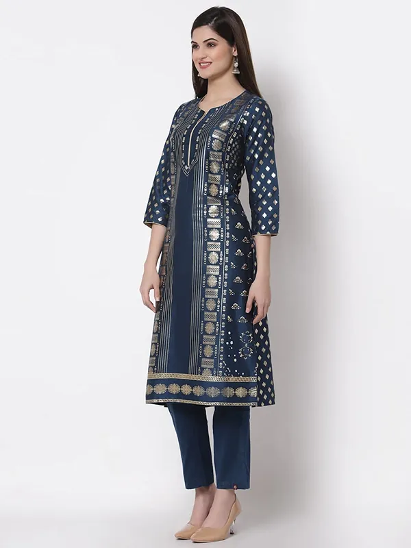 Teal_Women'S_Cotton_A_Line_Kurti_Pant_Set