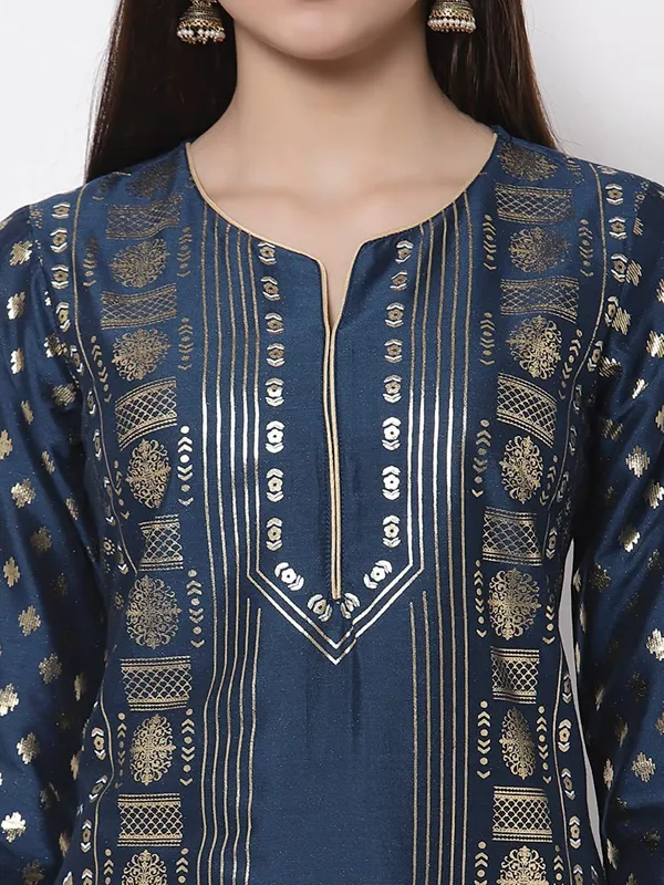 Teal_Women'S_Cotton_A_Line_Kurti_Pant_Set