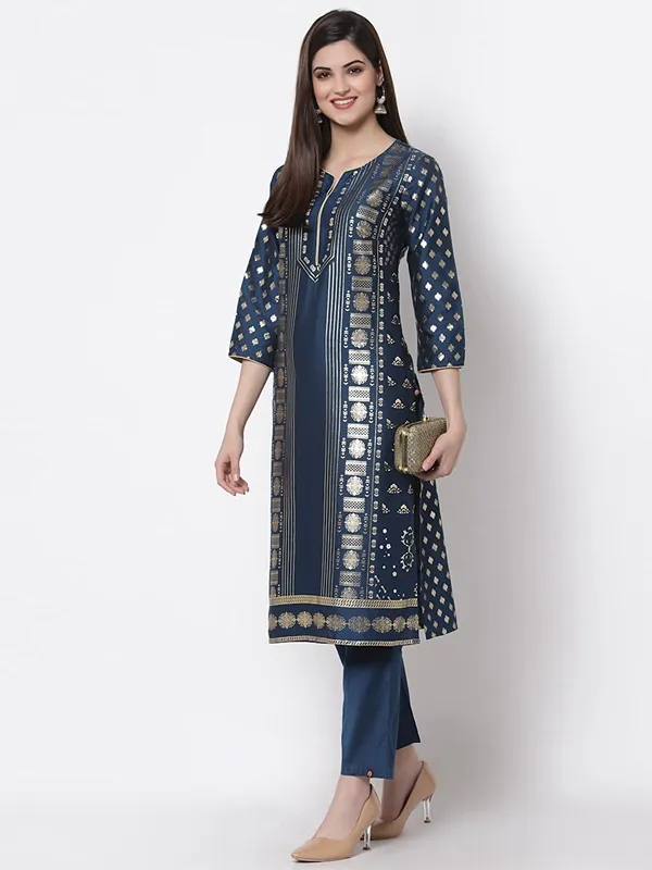 Teal_Women'S_Cotton_A_Line_Kurti_Pant_Set