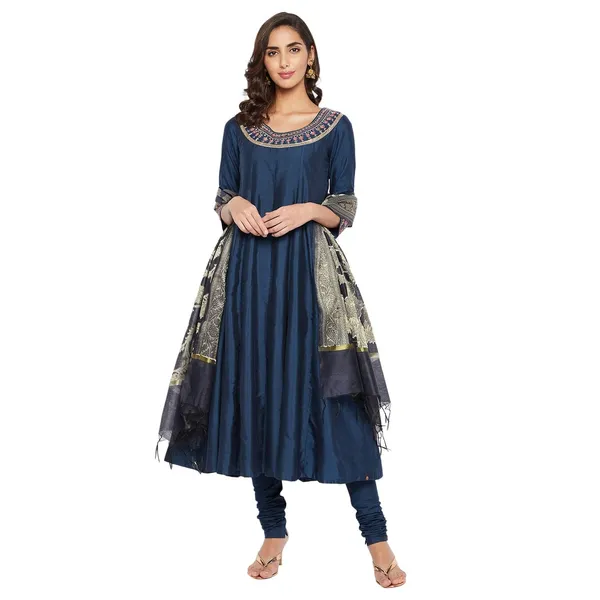 _Indigo_Cotton_Silk_Anarkali_Suit_Set_With_Dupatta_Readymade_Kurti_Churidar_Set_Embroidery_Kurta_For_Women_3_Pcs_Set,_Size