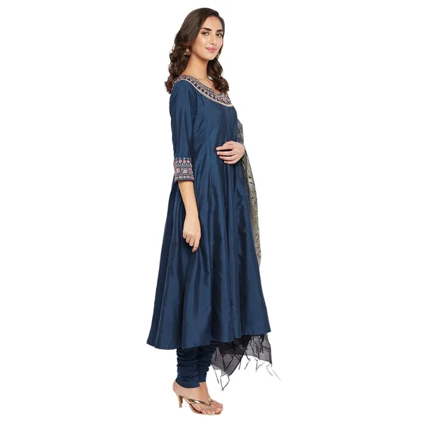 _Indigo_Cotton_Silk_Anarkali_Suit_Set_With_Dupatta_Readymade_Kurti_Churidar_Set_Embroidery_Kurta_For_Women_3_Pcs_Set,_Size