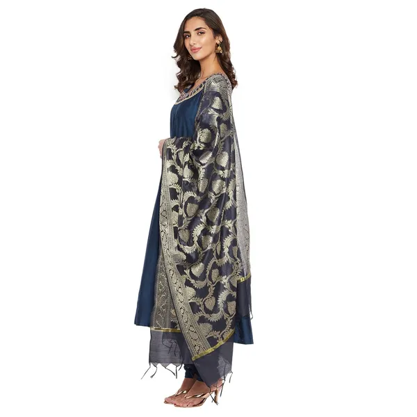 _Indigo_Cotton_Silk_Anarkali_Suit_Set_With_Dupatta_Readymade_Kurti_Churidar_Set_Embroidery_Kurta_For_Women_3_Pcs_Set,_Size