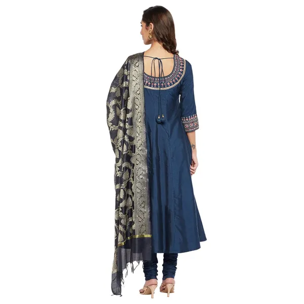 _Indigo_Cotton_Silk_Anarkali_Suit_Set_With_Dupatta_Readymade_Kurti_Churidar_Set_Embroidery_Kurta_For_Women_3_Pcs_Set,_Size