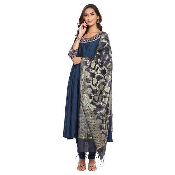 _Indigo_Cotton_Silk_Anarkali_Suit_Set_With_Dupatta_Readymade_Kurti_Churidar_Set_Embroidery_Kurta_For_Women_3_Pcs_Set,_Size