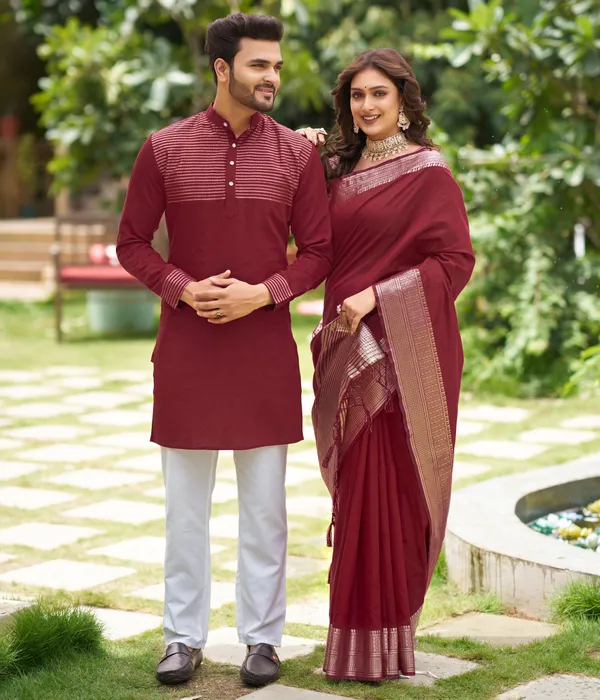 Rose_Maroon_Couple_set_Matching_Dress_Silk_Saree_and_Kurta