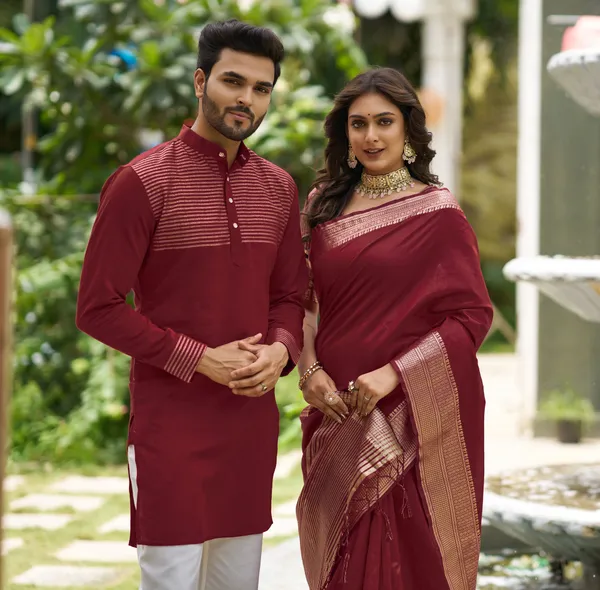 Rose_Maroon_Couple_set_Matching_Dress_Silk_Saree_and_Kurta