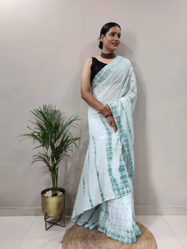 Pre-Stitched_Shibhori_Chinon_Chiffon_Saree_In_Off_White_And_Grey