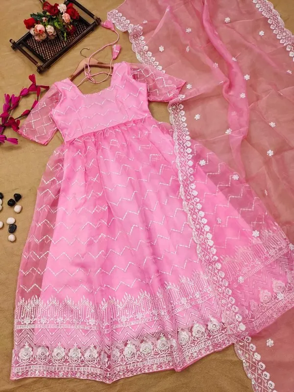 Pink_Embroidered_Organza_Gown_Set