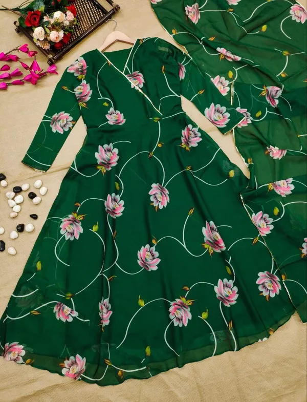 Floral_Organza_Hand_Printed_Women_Kurta_And_Dupatta_Set_(Green)