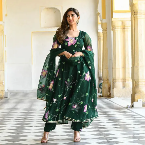 Printed_Georgette_Stitched_Flared/A-Line_Gown_(Green)