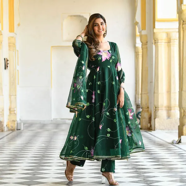 Printed_Georgette_Stitched_Flared/A-Line_Gown_(Green)