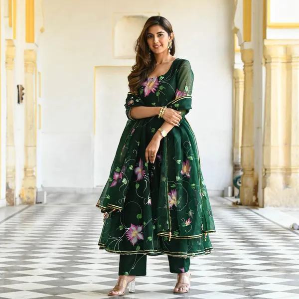 Printed_Georgette_Stitched_Flared/A-Line_Gown_(Green)
