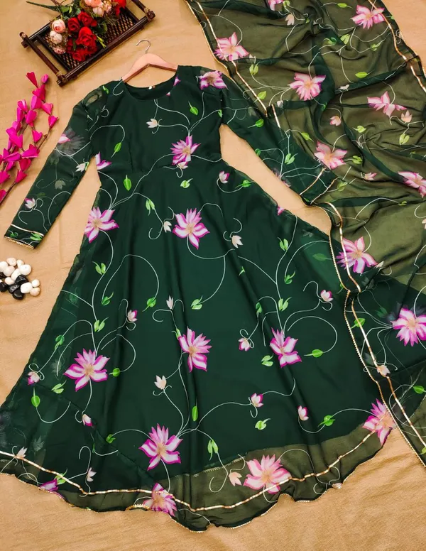 Printed_Georgette_Stitched_Flared/A-Line_Gown_(Green)