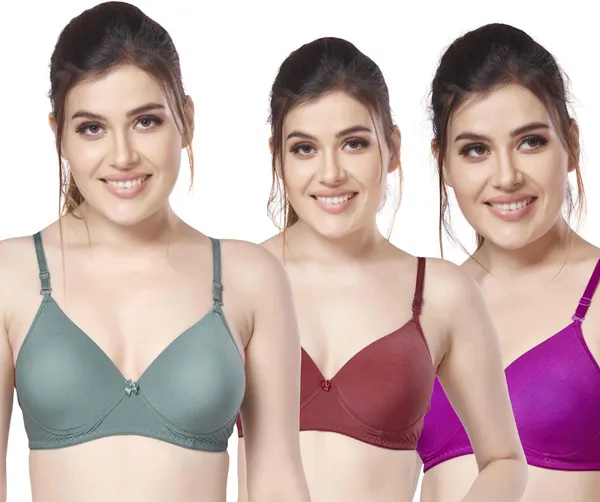 Combo_of_3_nylon_beautiful_colour_Every_Day_tshiort_Bra_Women_T-Shirt_Heavily_Padded_Bra_(Dark_Green,_Maroon,_Purple)