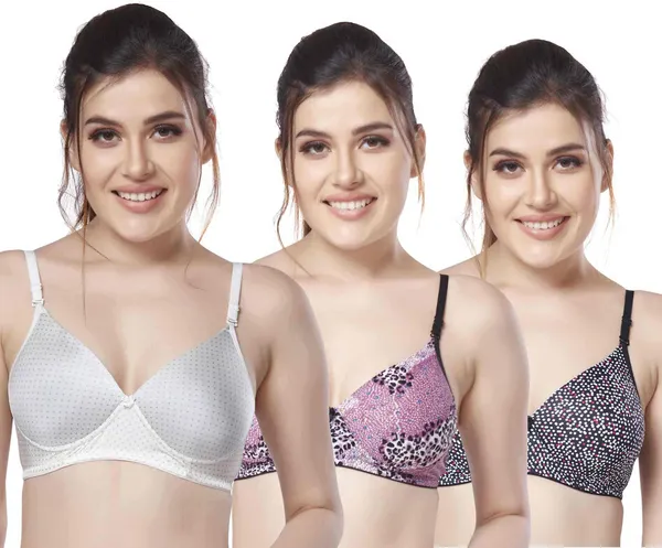 Combo_of_3_Printed_Nylon_padded_tshirt_bra_for_women_Women_T-Shirt_Lightly_Padded_Bra_(Silver,_Purple,_Black)