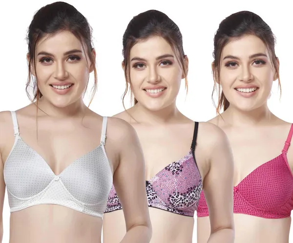 Combo_of_3_Printed_Nylon_padded_tshirt_bra_for_women_Women_T-Shirt_Lightly_Padded_Bra_(Silver,_Purple,_Pink)