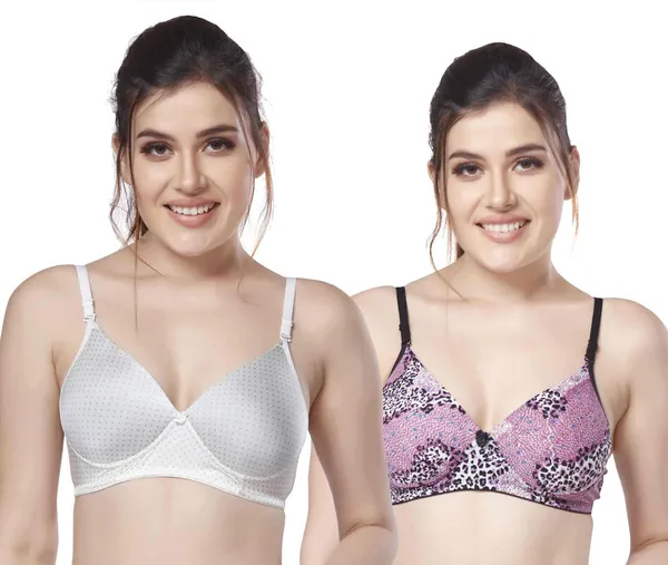 Combo_of_2_Printed_Nylon_padded_tshirt_bra_for_women_Women_T-Shirt_Lightly_Padded_Bra_(Silver,_Purple)