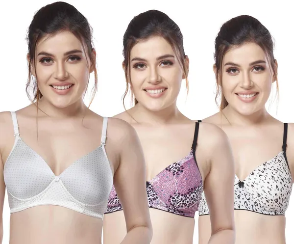 Combo_of_3_Printed_Nylon_padded_tshirt_bra_for_women_Women_T-Shirt_Lightly_Padded_Bra_(Silver,_Purple,_White)