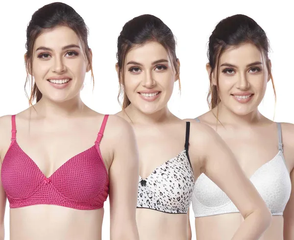Combo_of_3_Printed_Nylon_padded_tshirt_bra_for_women_Women_T-Shirt_Lightly_Padded_Bra_(Pink,_White,_Grey)