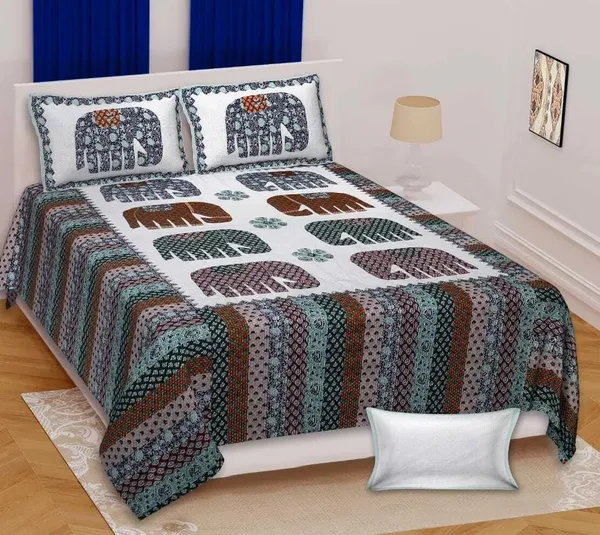 300_TC_King_Size__Fitted_and_Flat_bedsheet_100%_Cotton_:_sheet_rajasthani_elephant_Print(80x76_Inches)