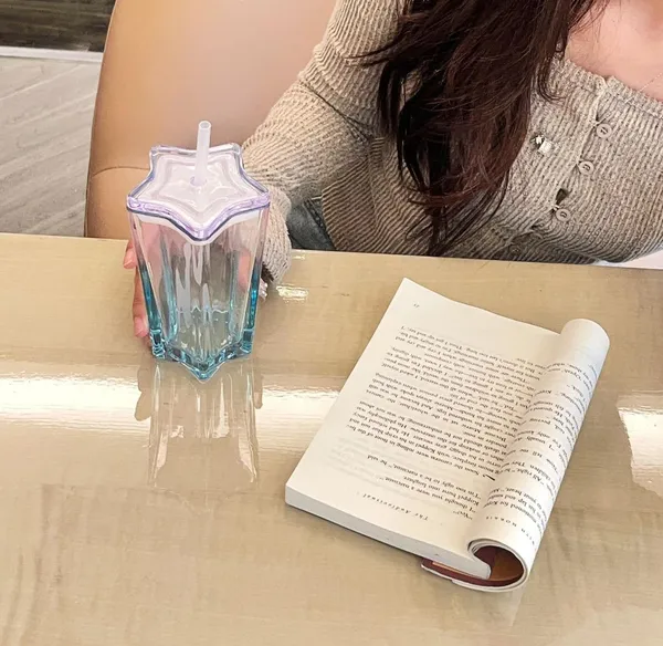 KELVEE_Glass_Water_Tumbler_with_Lid_and_Straw_300ml_Set_of_1,_Drinking_Cup_Cute_Pentagram_Design_Color_Glass_Coffee_Sipper_Mug_for_Smoothie_Soda_Ice_Tea