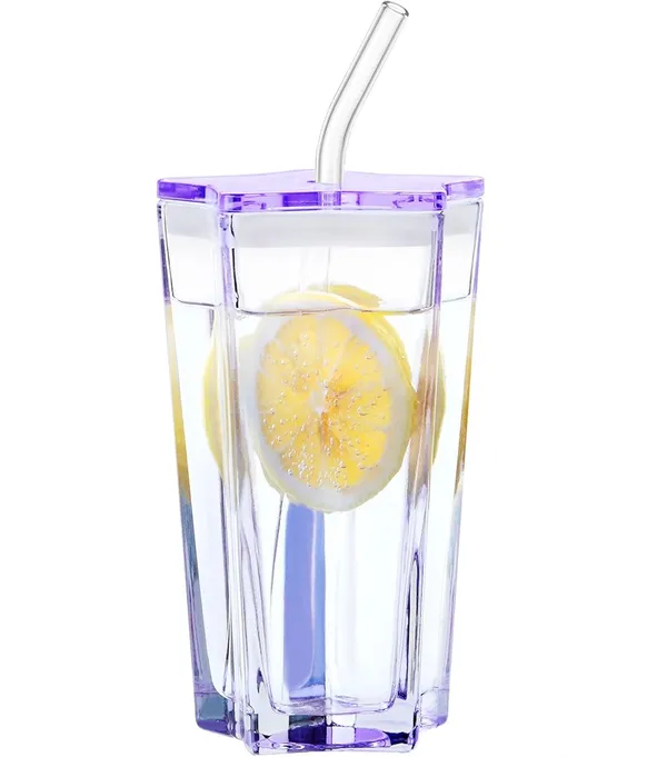 KELVEE_Glass_Water_Tumbler_with_Lid_and_Straw_300ml_Set_of_1,_Drinking_Cup_Cute_Pentagram_Design_Color_Glass_Coffee_Sipper_Mug_for_Smoothie_Soda_Ice_Tea