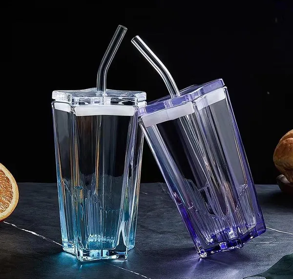 KELVEE_Glass_Water_Tumbler_with_Lid_and_Straw_300ml_Set_of_1,_Drinking_Cup_Cute_Pentagram_Design_Color_Glass_Coffee_Sipper_Mug_for_Smoothie_Soda_Ice_Tea