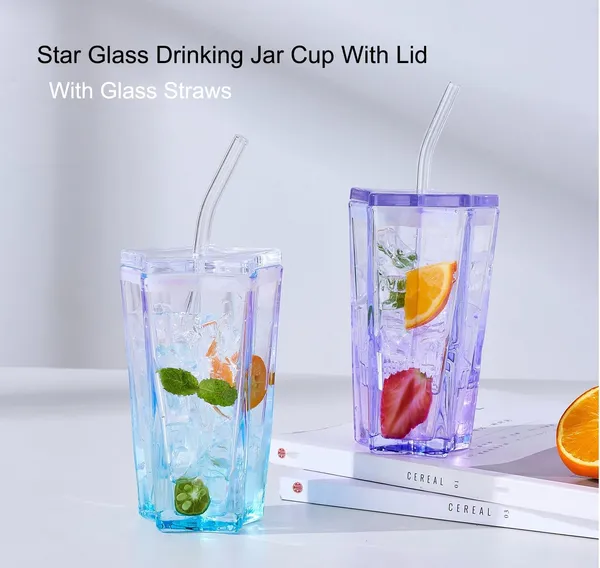 KELVEE_Glass_Water_Tumbler_with_Lid_and_Straw_300ml_Set_of_1,_Drinking_Cup_Cute_Pentagram_Design_Color_Glass_Coffee_Sipper_Mug_for_Smoothie_Soda_Ice_Tea