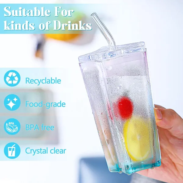 KELVEE_Glass_Water_Tumbler_with_Lid_and_Straw_300ml_Set_of_1,_Drinking_Cup_Cute_Pentagram_Design_Color_Glass_Coffee_Sipper_Mug_for_Smoothie_Soda_Ice_Tea