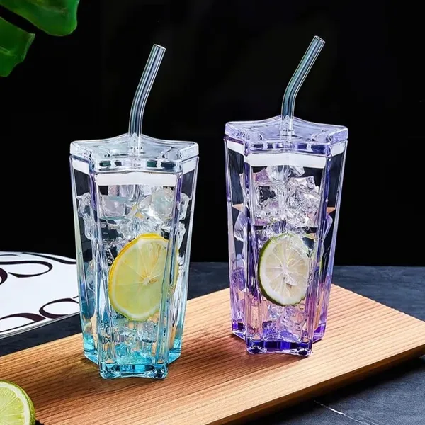 KELVEE_Glass_Water_Tumbler_with_Lid_and_Straw_300ml_Set_of_1,_Drinking_Cup_Cute_Pentagram_Design_Color_Glass_Coffee_Sipper_Mug_for_Smoothie_Soda_Ice_Tea