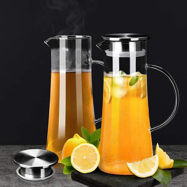 Borosilicate_Glass_Water_jug_with_Stainless_Steel_lid,_for_Juice_Water_iced_Tea_Pitcher_Tea_Carafe_hot_Glass_Pitcher_and_Sun_Tea_jar,_1300ml
