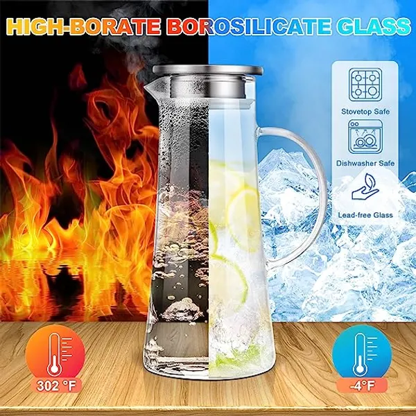 Borosilicate_Glass_Water_jug_with_Stainless_Steel_lid,_for_Juice_Water_iced_Tea_Pitcher_Tea_Carafe_hot_Glass_Pitcher_and_Sun_Tea_jar,_1300ml