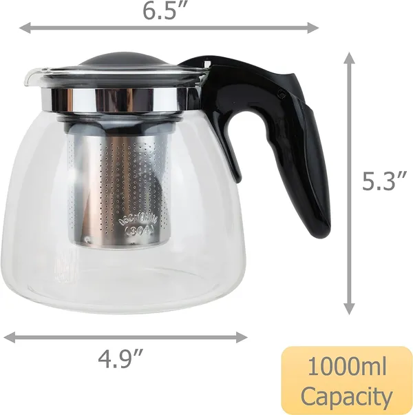 KELVEE_Borosilicate_Round_Glass_Tea_Pot_with_Heat_Resistant_Stainless_Steel_Infuser_Perfect_for_Tea_and_Coffee_Maker,_Clear_Glass_Kettle_(TEAPOT_with_Black_Handle)