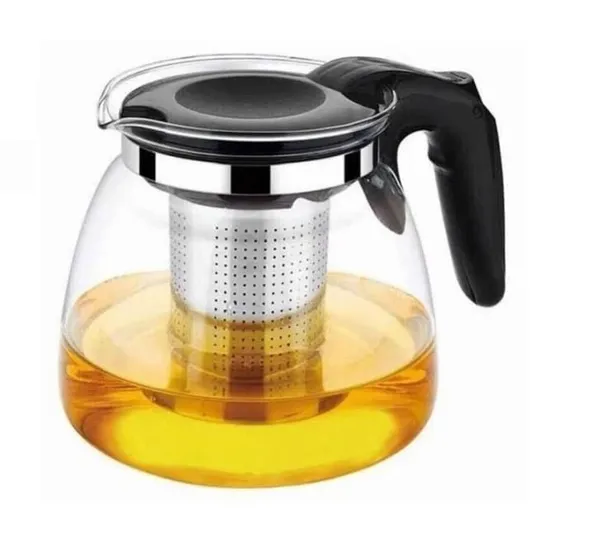 KELVEE_Borosilicate_Round_Glass_Tea_Pot_with_Heat_Resistant_Stainless_Steel_Infuser_Perfect_for_Tea_and_Coffee_Maker,_Clear_Glass_Kettle_(TEAPOT_with_Black_Handle)