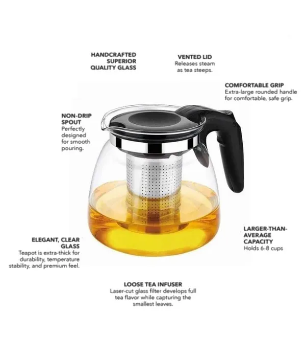 KELVEE_Borosilicate_Round_Glass_Tea_Pot_with_Heat_Resistant_Stainless_Steel_Infuser_Perfect_for_Tea_and_Coffee_Maker,_Clear_Glass_Kettle_(TEAPOT_with_Black_Handle)